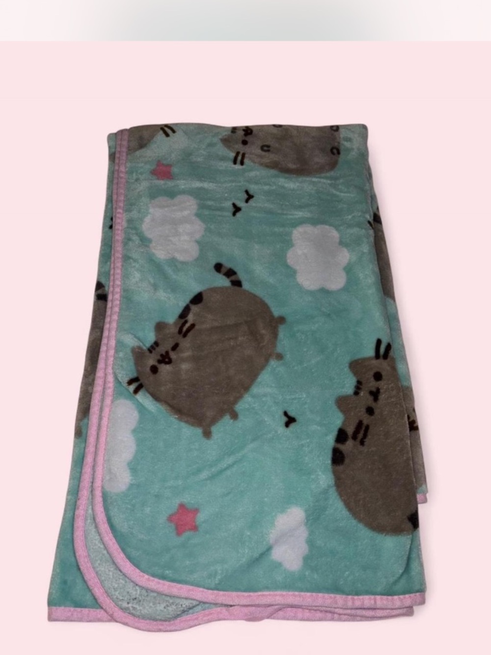 Pusheen Mint Green Plush Blanket with Pink Trim and Cloud Print
